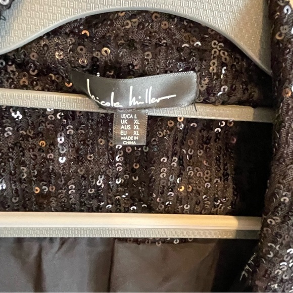 Nicole Miller Charlotte Black Sequins Feather Trimmed Jacket L - Picture 4 of 5